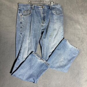 JL Powell Mens Straight Leg Jeans Blue Medium Wash Made in USA 38x32 Frayed Hem